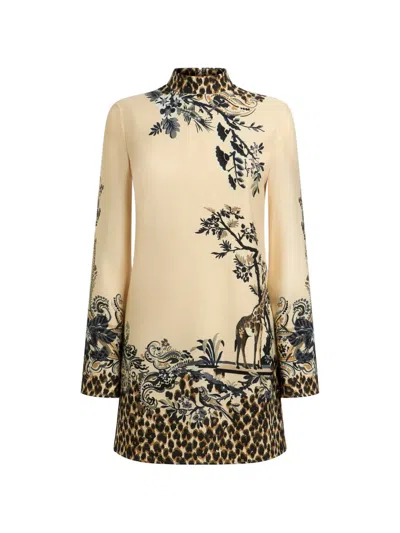 Etro Envers Satin Mini Dress With Front Print And Leopard Motif In Neutral