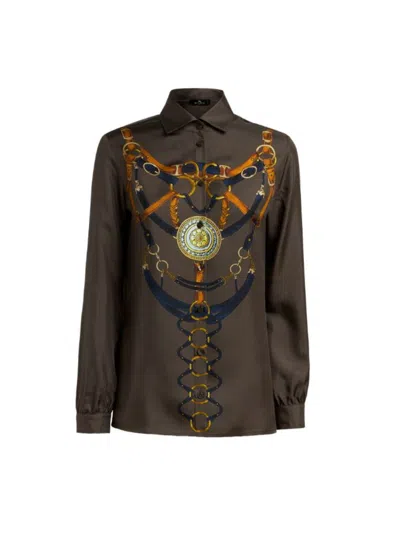 Etro Equestrian-print Silk Shirt In Brown