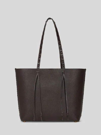 Etro Essential Medium Leather Tote Bag With Threading, Woman, Dark Brown