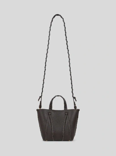 Etro Essential Mini Leather Tote Bag With Threading, Woman, Dark Brown