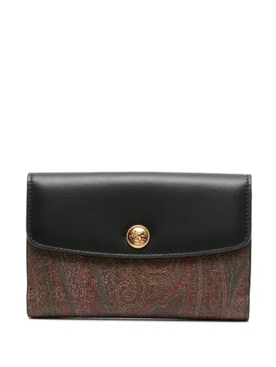 Etro Essential Bag In Coated Cotton And Leather With Logo In Black