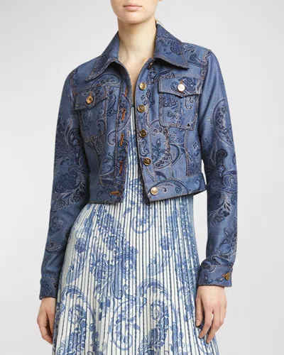 Etro Etch Paisley Denim Cropped Jacket In Multicolour On Blue