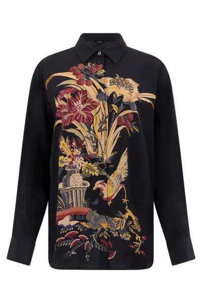 Etro Etched Graphic Silk Long-sleeve Shirt In Black