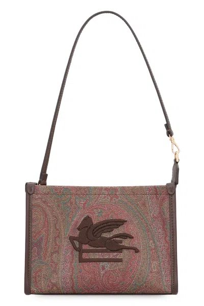 Etro Etched Paisley Jacquard Mini Pouch Handbag With Pegasus Embroidery In Brown