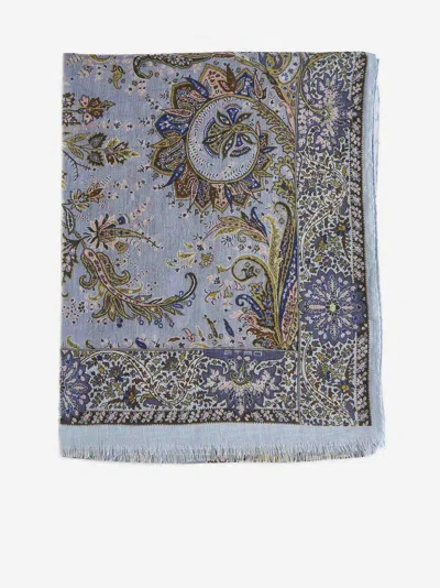 Etro Ethnic Print Cotton And Silk Scarf In Light Blue,multicolor
