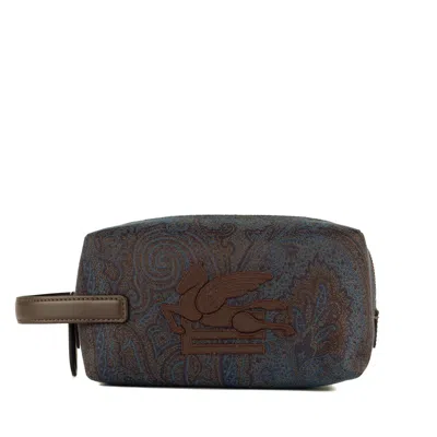 Etro Essential Small Pouch In Jacquard Blue And Brown In Multi