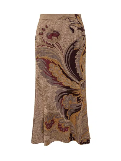 Etro Long Skirt With Multicolor Floral Pattern In Brown