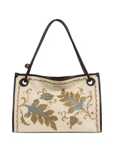 Etro Eyes Floral-embroidered Leather-trimmed Tote Bag In Pink