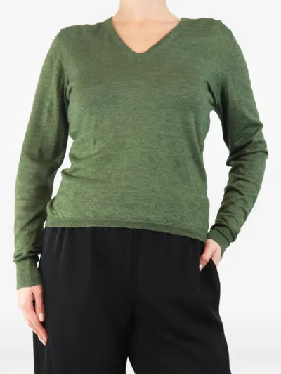 Pre-owned Etro Fine-knit V-neck Long-sleeve Cashmere T-shirt In Green