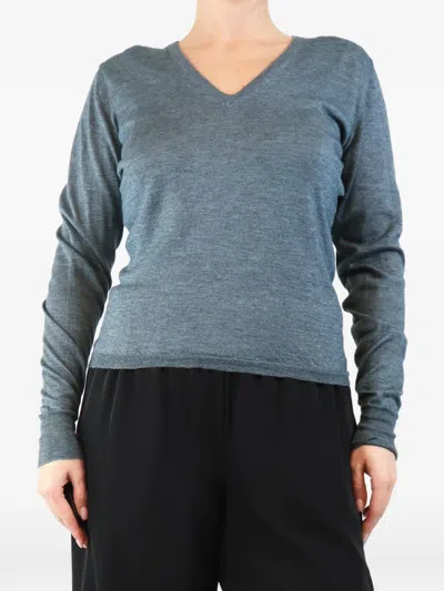 Pre-owned Etro Fine-knit V-neck Sweater In Blue