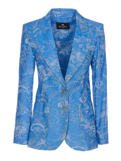 Etro Fitted Denim Jacket With Peak Lapels In Blue