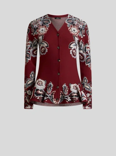 ETRO , FLARED CARDIGAN WITH FLORAL MOTIF, WOMAN, BURGUNDY, SIZE 44