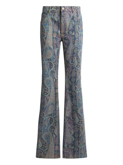 Etro Flared Denim Jeans With A Floral Paisley Motif In Blue