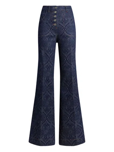 Etro Flared Jacquard Denim Jeans With Pegaso Buttons In Blue