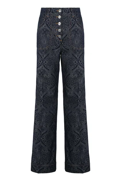 Etro Flared Jeans In Abstract Denim Jacquard With Pegaso Button Closure In Blue