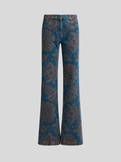 Etro , Flared Jeans With Floral Motif, Woman, Blue, Size 28