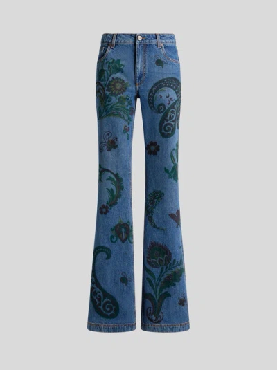 Etro , Flared Jeans With Flower And Bee Print, Woman, Blue, Size 26