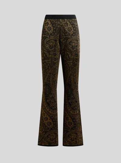 Etro , Flared Trousers In Wool-blend Jacquard With Metallic Paisley Motif, Woman, Black, Size 48 In Brown