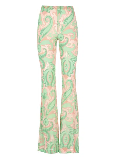 Etro Flared Viscose Pants With Vibrant Floral Pattern In Green
