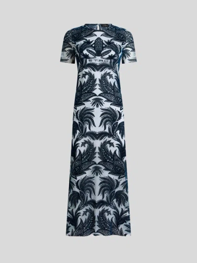 Etro Flocked Tulle Sheath Dress In Navy Blue