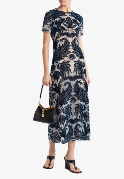 Etro Flocked Tulle Sheath Midi Dress In Blue