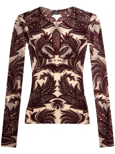 Etro Red Frog Motif Flocked Tulle Top In Multi