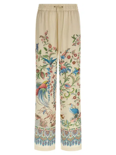Etro Women White Pants With Elastic Drawstring Waist And All-over Floral Print In Tech Fabric Woman In Multi