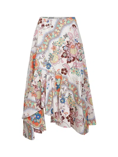 ETRO FLORAL AND BUTTERFLY PRINT COTTON ASYMMETRIC MIDI SKIRT