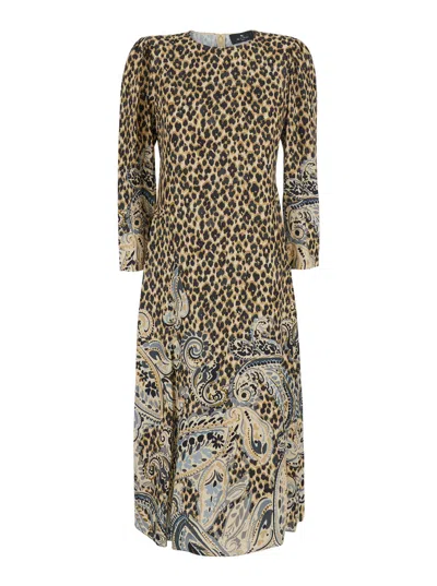 Etro Floral Animalier Print Tech Fabric Round Neck Dress In Brown
