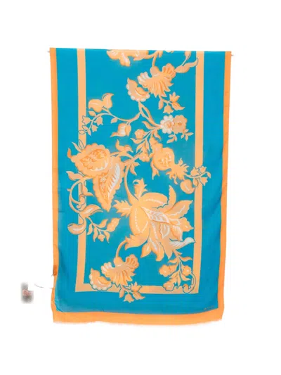 Etro Floral Border Scarf In Blue