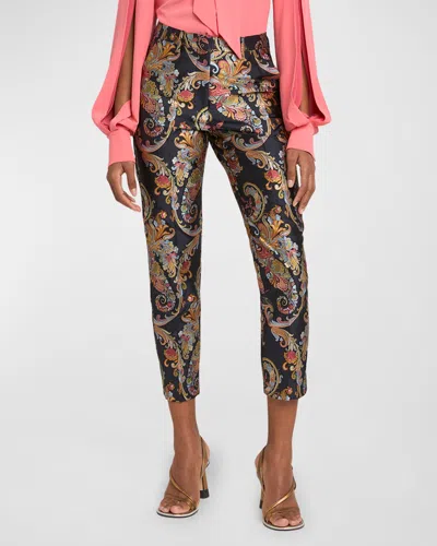 Etro Floral Brocade Slim-leg Ankle Pants In Multicolour On Blue