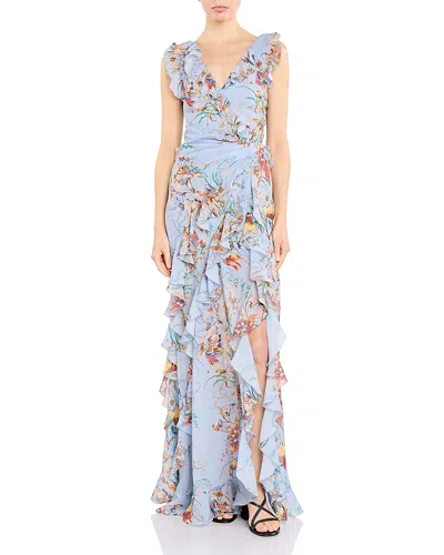 Etro Floral Cascading Ruffle Maxi Dress In Blue