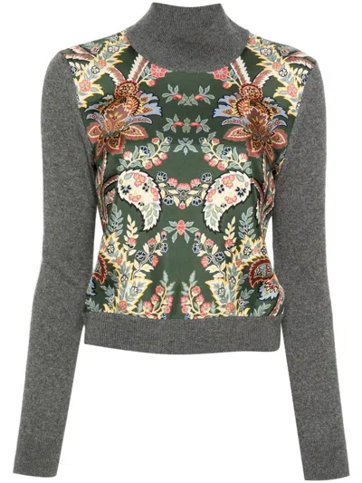 Etro Grey Floral Contrast-panel Sweater