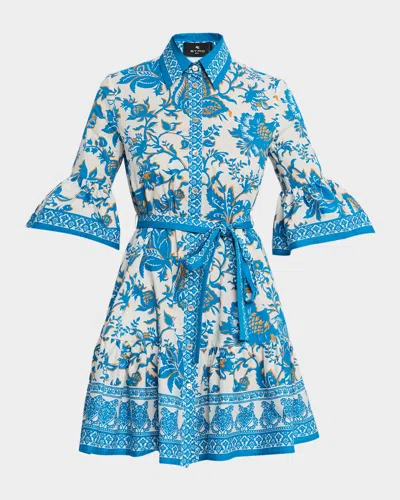 Etro Floral Cotton Ruffle Belted Mini Shirtdress In Blue