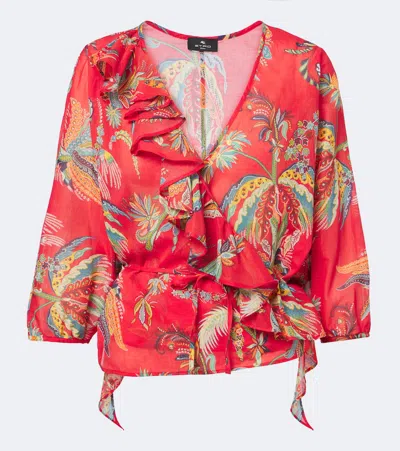 Etro Floral Cotton Wrap Top In Red