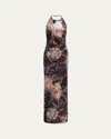 Etro Floral Crushed Velvet Backless Gown In Print On Grey Base 2