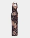 Etro Floral Crushed Velvet Backless Gown In Print On Grey Base 2