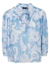 Etro Loose-fit Cotton Shirt With V-neck And Floral Pattern In Blue