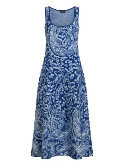Etro Floral-detail Paisley-print Midi Dress In Blue