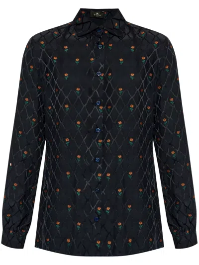 Etro Diamond Grid Long-sleeved Floral Shirt In Blue