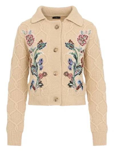 Etro Embroidered Cable-knit Wool And Cashmere-blend Cardigan In Neutral