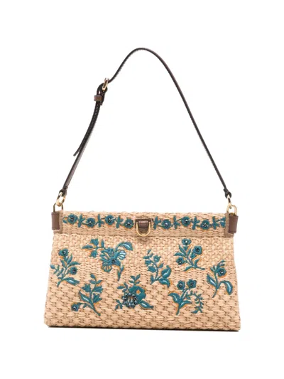 Etro Floral-embroidered Clutch Bag In Brown