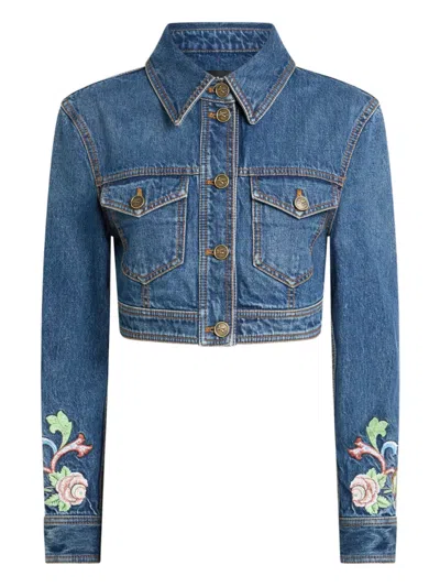 Etro Floral-embroidered Cropped Jacket In Blue