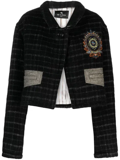 ETRO FLORAL EMBROIDERED CROPPED JACKET IN BLACK WOOL BLEND FOR WOMEN