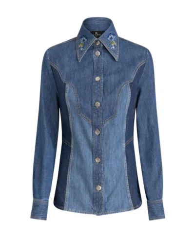 ETRO ETRO FLORAL EMBROIDERED BUTTON UP DENIM SHIRT