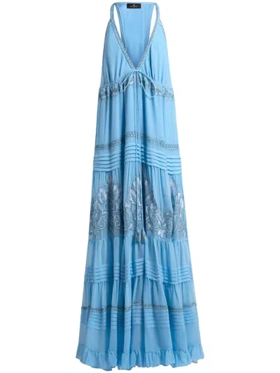 Etro , Embroidered Silk Maxi Dress, Woman, Light Blue, Size 36