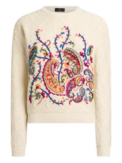 Etro Embroidered Crop Cotton Blend Sweater In Neutral