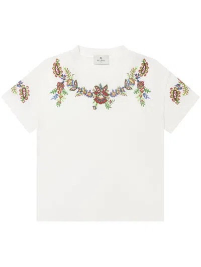 Etro Kids' Floral-embroidered T-shirt In White