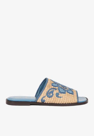 Etro Floral Embroidered Woven-raffia Slides