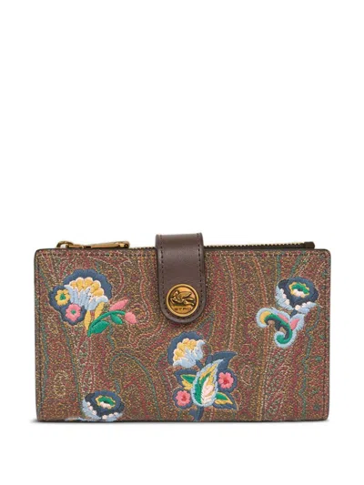 Etro Floral-embroidery Wallet In Brown